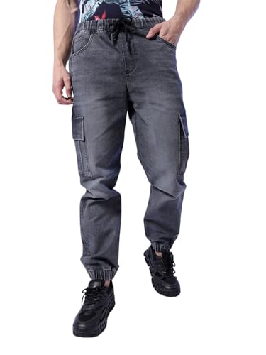 Image of The Indian Garage Co Men Regular Fit Solid Mid-Rise Stretchable Denim Cargo Joggers