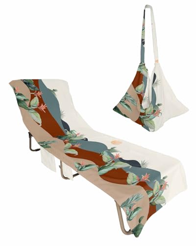 Abstract Boho Beach Chair Towel Covers for Chaise Lounge with Side Pocket, Soft Plush Pool Towels Cover for Patio Sunbathing Outdoor 29''x85'' Tropical Leaves Geometric Watercolor Modern
