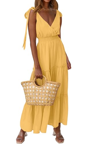Image of PRETTYGARDEN Women's Cross Neck Summer Sleeveless Tiered Maxi Dress Beach Tie Strap Smocked Long Dresses Pleated Sundress