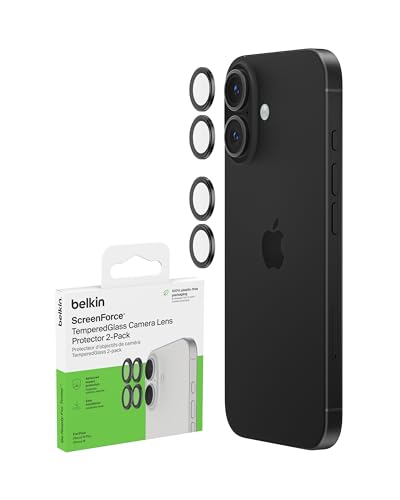 Belkin ScreenForce TemperedGlass Protector de lente de cámara para iPhone 16 y iPhone 16 Plus, compatible con fundas, cobertura de vidrio templado para lente, accesorio de Apple iPhone (2 unidades)