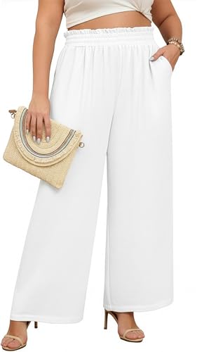 Lastshe Women Plus Size Wide Leg White Pants High Elastic