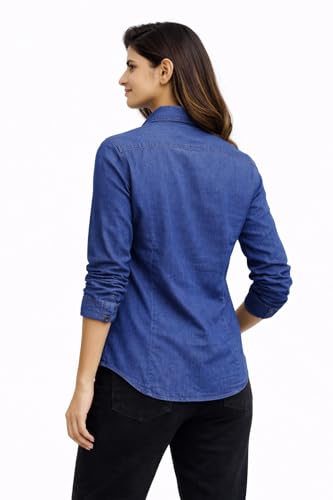 Image of Women's Denim Shirt | Long Sleeve Button Down Casual Shirt | Lightweight Summer Friendly Fabric | Regular Fit | Navy Blue & Charcoal Grey
