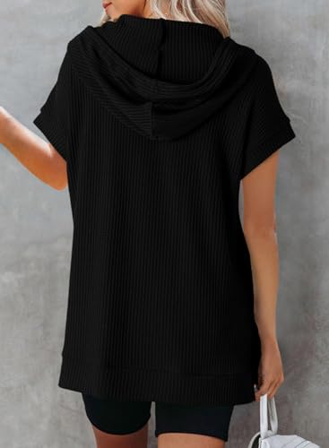 Dokotoo Womens Summer Oversized Shirts 2025 Short Sleeve Drawstring Hoodies Waffle Knit Side Slit Tunic Tops with Pocket3