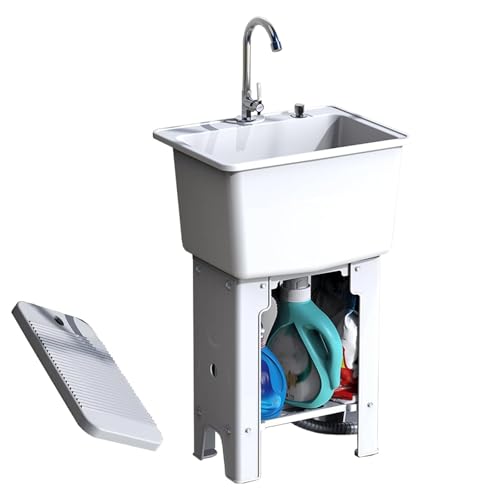 Lavandino in plastica con lavabi e kit di scarico, pulsante di scarico one-touch e rubinetto, per lavanderia, cantina, garage o negozio