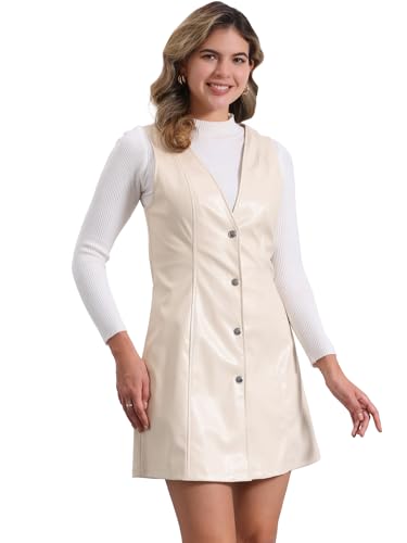 Allegra K Damen Kunstlederkleid Trägerkleid mit Knopfleiste V-Ausschnitt Ärmellos Minikleid Overall Weiß XL