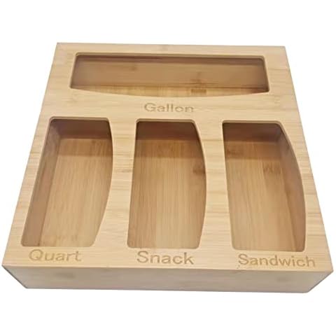 JKIOHO Ziplock Bag Storage Organizer Food Dispenser for Kitchen Drawer Bamboo Baggie Holder Compatible with Gallon Quart Snack Sandwich and Candy Variety Size Bag, Beige, 12*12*3.5 Cover