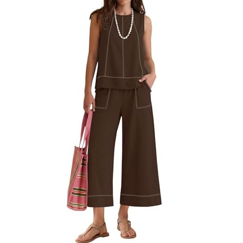 LOMON Two Piece Sets for Women Summer Outfits Sleeveless Tank Tops Wide Leg Crop Pants Matching Lounge Vacation Travel