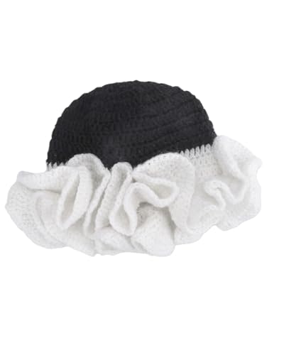 Image of Women Crochet Bucket Hat Cute Winter Ruffled Brim Floppy Cap Handmade Knit Cloche Hats