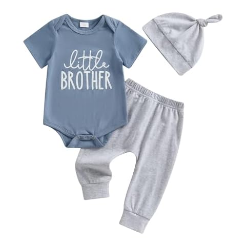 Ayalinggo Little Brother Newborn Outfit Baby Boy Lil Bro T Shirt Romper Long Pants Set Hat Infant little Summer Clothes (Blue Little Brother, 0-3 Months) Cover