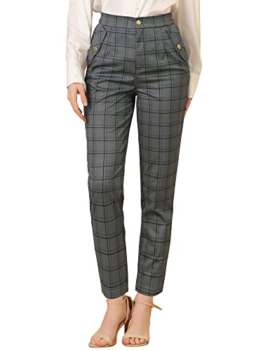 Allegra K Pantalones de Cuadros de tartán Vintage para Mujer, Cintura elástica, Pantalones Largos Rectos, Gris, Medium
