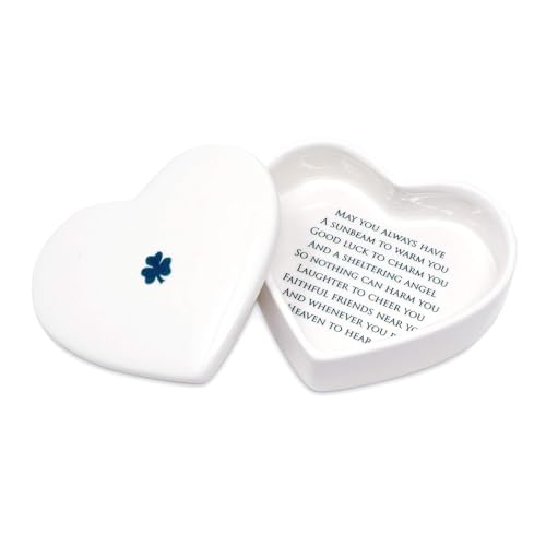 Susabella - Baptism Gift, First Communion Gift, or Confirmation Gift, Handmade Heart Ceramic Keepsake Box with Irish Blessing and Shamrock in Green