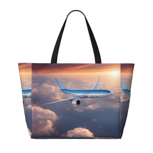 Beautiful Sky Airplane Extra Large Tote Bag For Women,Foldable Beach Bag With Pocket Weekender Travel Overnight Bag2