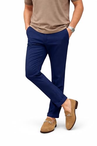 Image of DENRO Men's Slim Fit Cotton Stretch Trousers | Smart Casual & Workwear Pants for Office Use | 98% Cotton 2% Spandex Fabric | Mid-Rise Tailored Fit | Sizes 28-38