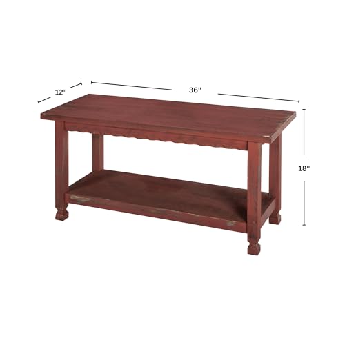 Alaterre Furniture Rustic Cottage Bench with 1 Shelf - Farmhouse Style & Functional Design - Red Antique - Entryway Furniture, 36 in. W x 14 in. D x 18 in. H - Solid Wood, Natural Finish & Whitewash
