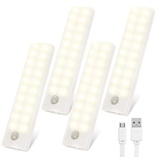Lampe De Placard, Tolare Lampe LED Detecteur De Mouvement Avec 20-leds, Chargement USB Lampe Placard, 3 Mode Et Luminosité Réglable, Veilleuse Pour Placard Armoire Escalier Couloir- Blanc Chaud(4 Pcs)