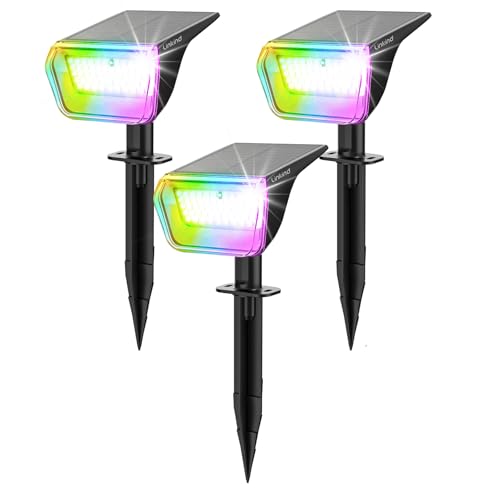 Linkind Bunte Solar Gartenleuchte für außen, RGB & Weiß 10 Modi Solarstrahler mit Ladeindikator, Ultra-lange Leuchtdauer, IP67 Winterfest Baumstrahler für Party, Halloween, Weihnachten, 3 Stück