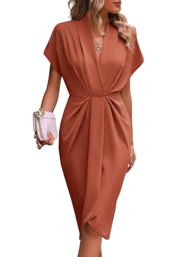 chouyatou Women Elegant Party Business Casual Dress Pencil Short Sleeve Wrap V Neck Bodycon Midi Work Dress