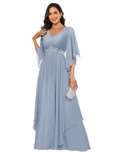 3/4 Sleeve Mother of The Bride Dresses for Women Lace Applique V Neck Pleated Formal Dress