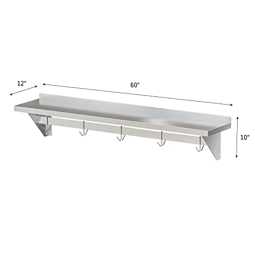 Image of Koolmore Commercial Wall Mounted Pot Rack Organizer Shelf with 5 Removable Storage Hooks for Pots and Pans, Utensils, Kitchen Cooking Accessories, Stainless-Steel Holder (WMPS-1260), 12'' X 60''