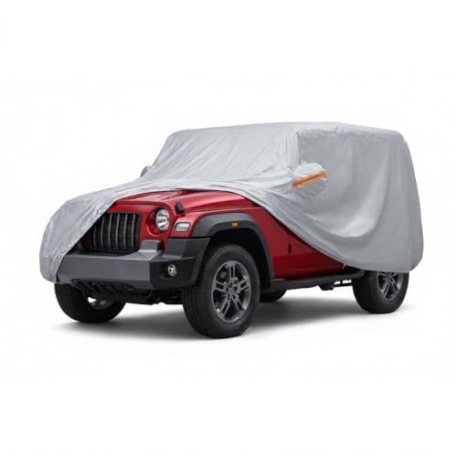 Image of myTVS 100% Waterproof Car Body Cover for Mahindra Thar - Custom-Fit, Double-Layer, UV & Dust Proof, Mirror Pockets & Elastic Clip Lock (CSK 14)