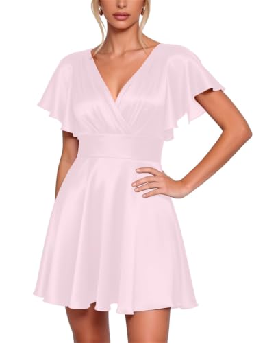 Robe de bal courte en satin brillant rose avec manches protectrices