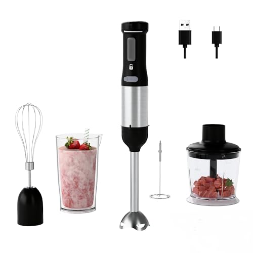 WHUTO Cordless Immersion Hand Blender, 5-in-1 Variable Speed blender handheld,Rechargeable with 2000mAh Battery, BPA-Free & Dishwasher-Safe Accessories:700ml Beaker,Chopper,Whisk & Milk Frother,Ink