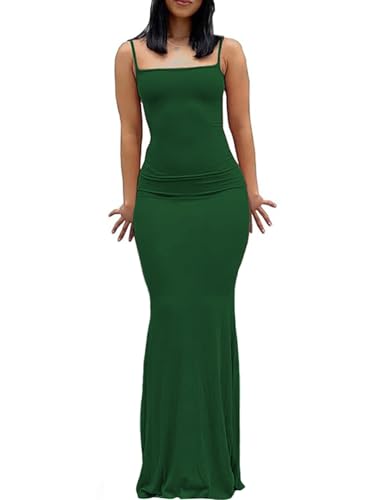 Damen Sexy Casual Langes Kleid Elegant Ärmellos Rückenfrei Skinny Spaghetti-Träger Maxikleid(Dunkelgrün-1,S)