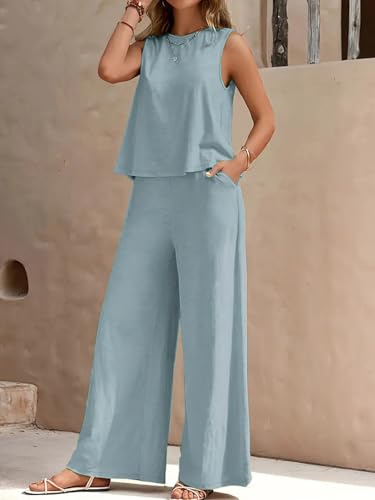 Image of ALL YOURS Women's 2 Piece Outfit Loose Tank Top and Wide Leg Pants Sets|co-ord set for women cord set for women lounge wear set for women coords set for women wear