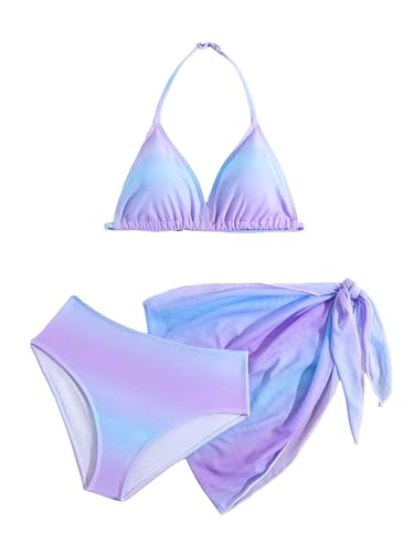Image of WDIRARA Girl's 3 Piece Swimsuit Halter Triangle Bikini Set Ombre Beach Sport Swimsuits with Cover Ups