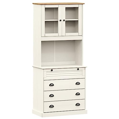Yisssmeng Highboard VIGO Weiß 80x40x176 cm Massivholz Kiefer mit Glasfront & Schubladen, Modernes Wohnzimmer Sideboard Kombination mit Anrichte für Flur Schlafzimmer