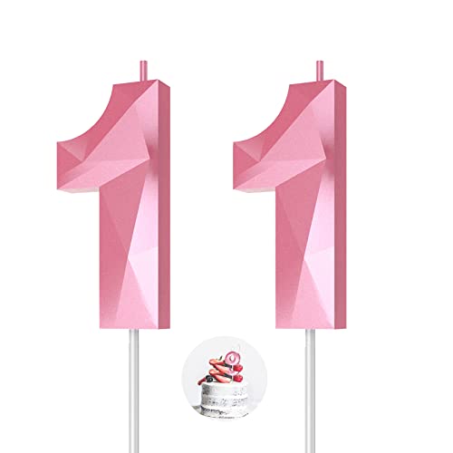 Number Birthday Candles(11 Candle Pink) 3D Diamond Shape 11th Happy Birthday Cake Topper Decorations for Girl Women Birthday Wedding Anniversary Celebration Theme Party Supplies