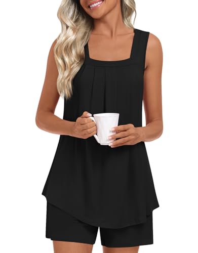 Image of LONGYUAN Womens Sleeveless Pajama Set Soft Summer Lounge Shorts Tank Top Sleepwear with Pockets 2 Piece Set M-3XL
