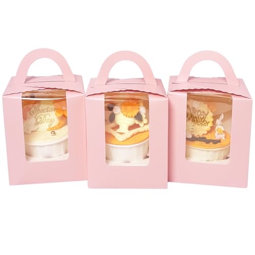 Bakepacker Auto-pop up Individual Cupcake Boxes with Window 25 Count Pink Single Cupcakes Box 3.7 x 3.7 x 4.3inch Cupcake Carrier