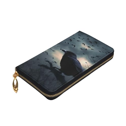 Night Crow Wallet For Women Men Clutch Rfid Blocking Leather Wallets Large Capacity Purse Credit Card Holder Money Case With Zipper Phone Holder Long Travel Purse3