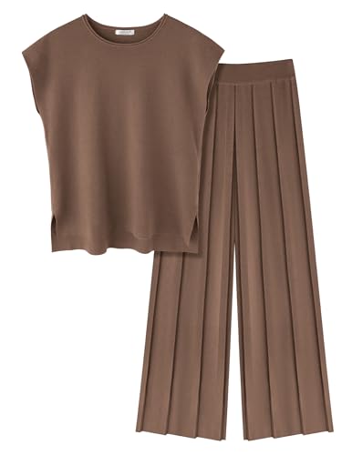 Image of Ekouaer Lounge Sets for Women Two Piece Outfits Knit Cap Sleeve Tops Wide Leg Pleated Pants Casual Dressy Sweater Sets