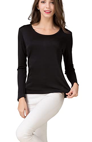 METWAY Women's Mulberry Silk T-Shirt Long Sleeve Pure Silk tee Shirt/Crew Neck Silk Blouse Undershirt