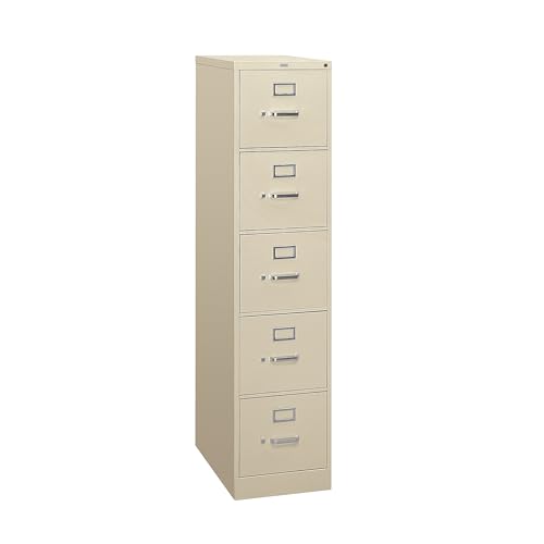 Image of HON 5 Drawer Vertical File Cabinet with Lock, Metal Filing Cabinets with 5 Drawer Letter File for Offices, Hanging Files, and Vertical Letters, 26.5 inch Deep, Putty