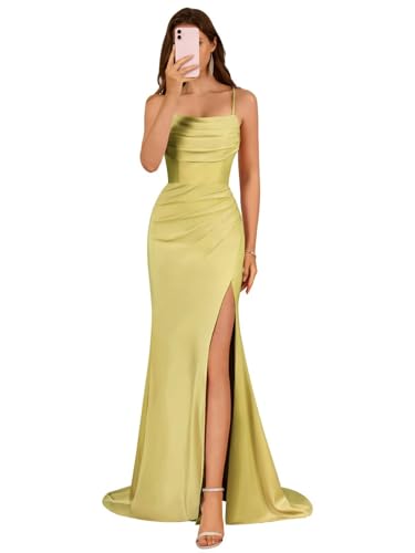 Image of Satin Bridesmaid Dress for Women 2025 Spaghetti Straps Mermaid Prom Dresses with Slit Evening Dresses KN003