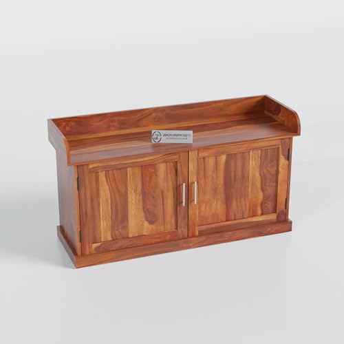 Image of Jangid Handicraft Solid Sheesham Wood Seating Bench for Balcony with Cushion |Outdoor Wooden Shoe Rack Organizer for Home & Office | 2 Shelf & Door Cabinet with Storage |Provincial Teak Finish