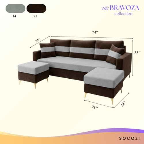 Image of SOCOZI Bastian 5 Seater L Shape Sofa Set with 2 Movable Ottomans | Flexible Layout| Soft Velvet Suede Fabric|Modern Sofa with Golden Legs|Comfort Cushions for Living Room (Dark Brown-Light Grey)