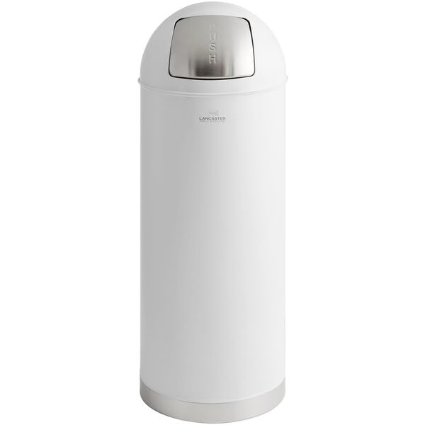 Round Metal Trash Can White Powder-Coated 15 Gallon with Push Door Lid 36 x 13 75 Inch Indoor
