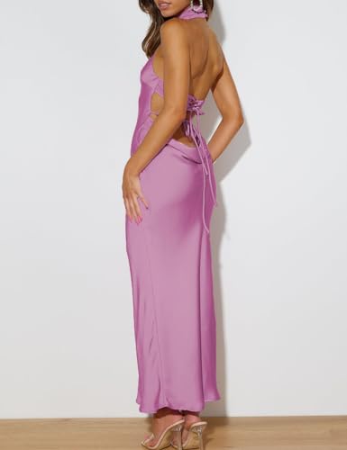 Image of Women Summer Satin Halter Neck Backless Formal Wedding Guest Maxi Dress