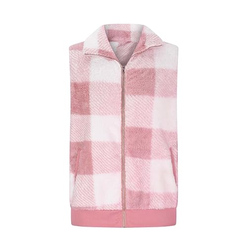 Aymnlox Zipper Vest for Women Plaid Printed Plush Coats Lapel Collar Sleeveless Fleece Jackets with Pockets Open Front Coat2