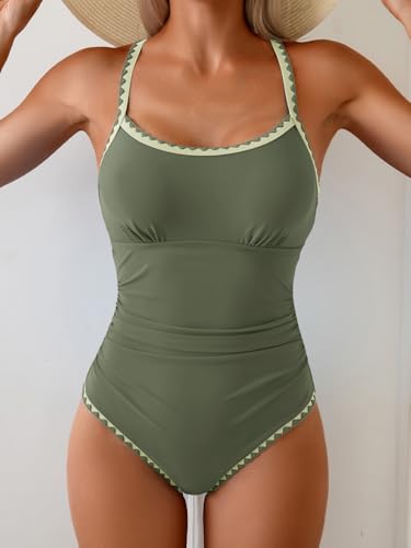 Image of Eomenie Women's One Piece Swimsuit Tummy Control Slimming Bathing Suit Ruched Swimwear Tie Back Shell Stitch Swim Suit