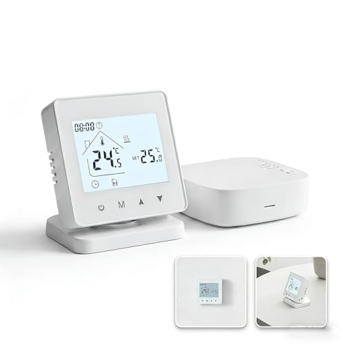 Termostato inalámbrico Inteligente diseñado para calefacción de Agua de Caldera de Gas con Receptor Remoto, Fuente de alimentación USB/batería y compatibilidad con Aplicaciones (sin WiFi)