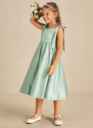 MCieloLuna Cute Summer Flower Girl Dress Midi Length Wedding Guest Princess Gown Glossy Satin First Communion Dresses4