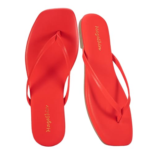 mazeskin Womens Flip Flops Memory Foam Square Toe Flat Sandals Vegan Leather Summer Beach Slides Red US8