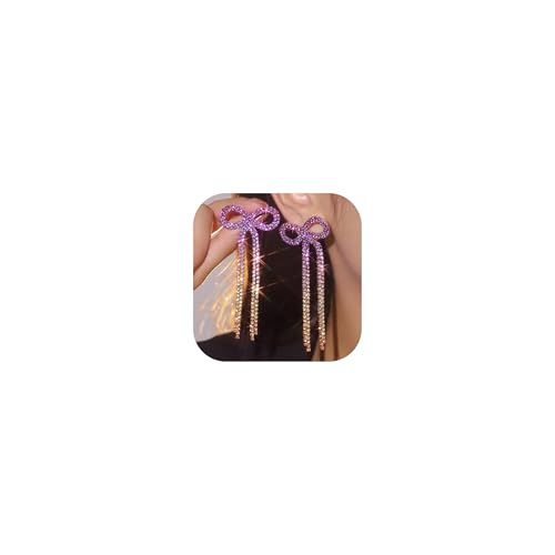 Purple Rhinestone Earrings Dangling Wedding Guest Dress 2025 Sparkly Bow Tassel Earings Bride Earrings Gifts Formal Dresses for Women Party Prom Jewelry Gift