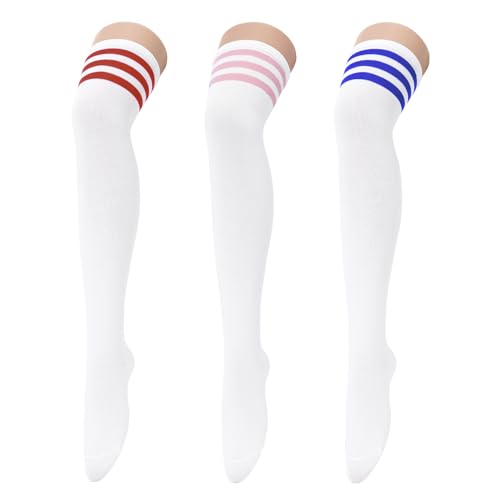 Image of Century Star 3 Pairs Thigh High Socks for Women Over the Knee High Socks Triple Stripe Long Stockings Thigh Highs Leg Warmer