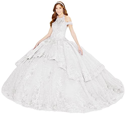 Robe de Quinceanera blanche dos nu avec traine et appliques dentelle
